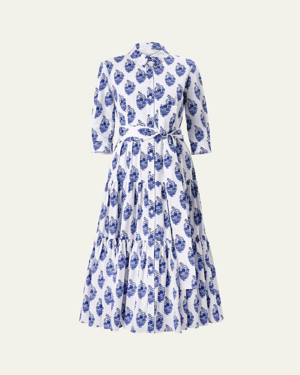 3/4-Sleeve Tiered Midi Shirtdress